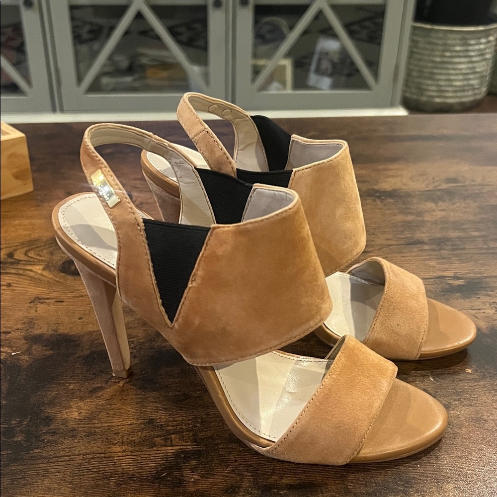 Calvin Klein Safari Suede Heeled Sandals in almond tan